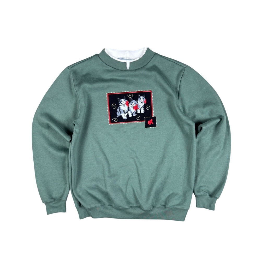 Vtg 90s/00s Cottagecore Cat Bow Sweatshirt Women's Small Green Embroidered Blair
